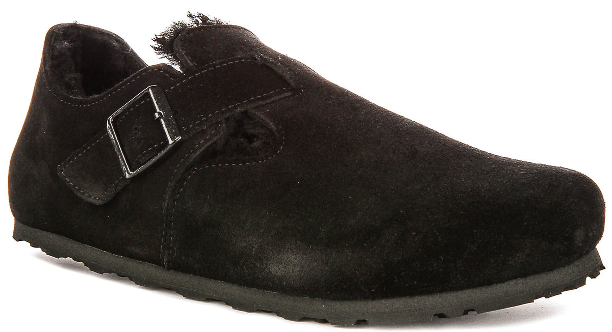 Birkenstock London-klompen | Zwart suède met voering van lamsvel voor dames - Normale pasvorm