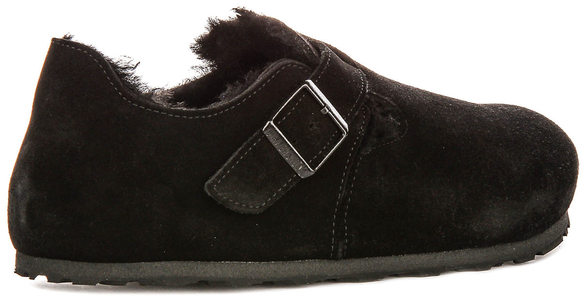 Birkenstock London-klompen | Zwart suède met voering van lamsvel voor dames - Normale pasvorm