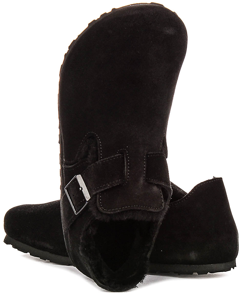 Birkenstock London-klompen | Zwart suède met voering van lamsvel voor dames - Normale pasvorm
