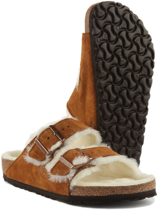Birkenstock Arizona-sandalen | nertsbruine suède met voering van lamsvacht voor dames