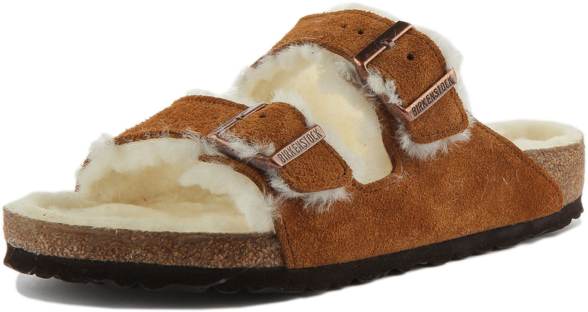 Birkenstock Arizona-sandalen | nertsbruine suède met voering van lamsvacht voor dames