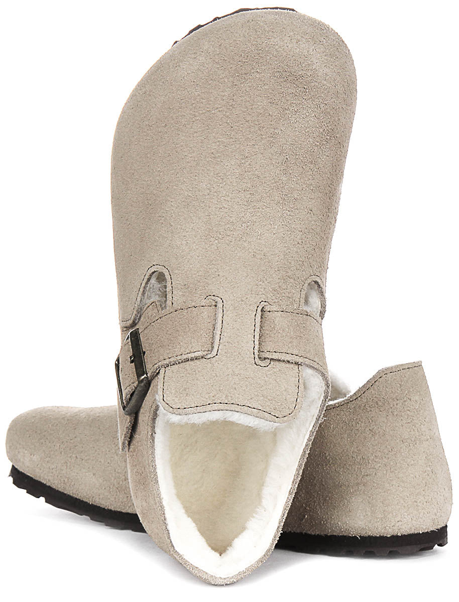 Zuecos Birkenstock London | Ante con forro de borreguito color topo para mujer