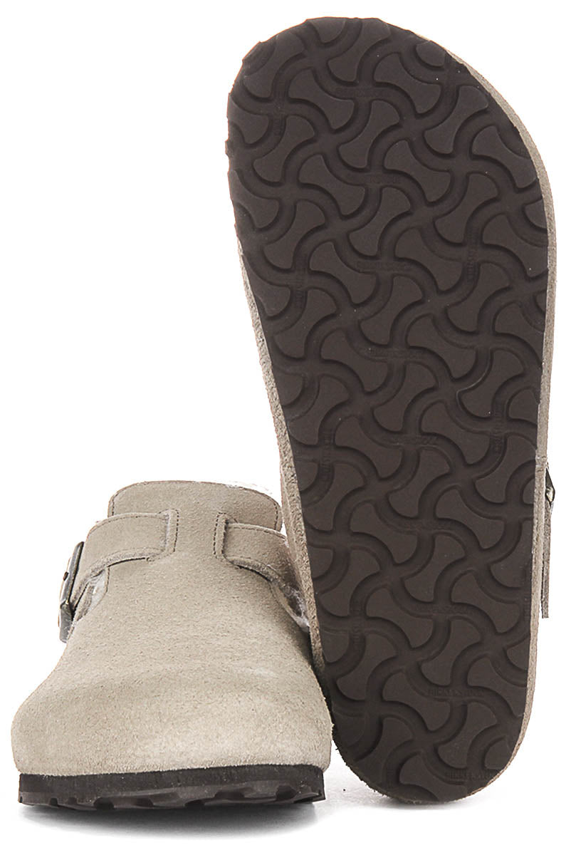 Zuecos Birkenstock London | Ante con forro de borreguito color topo para mujer