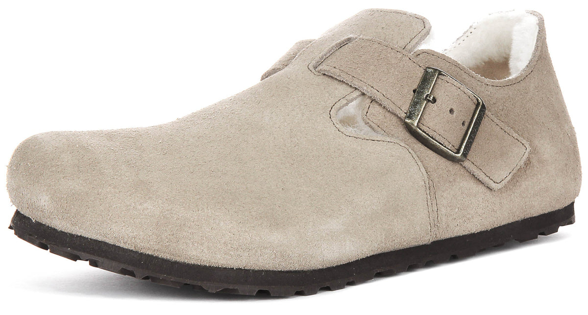 Zuecos Birkenstock London | Ante con forro de borreguito color topo para mujer